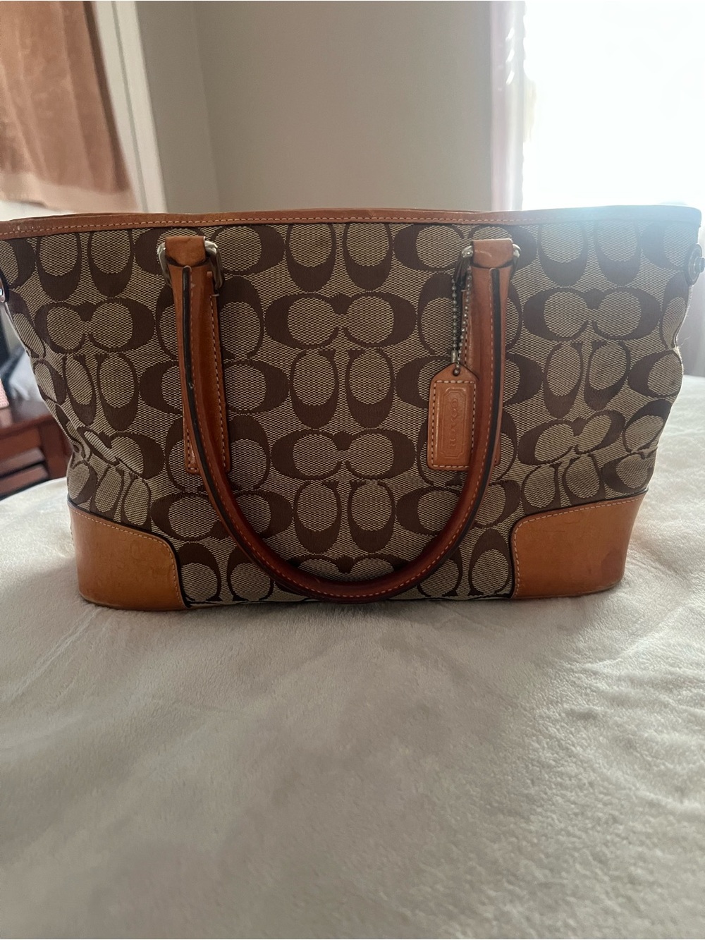 Coach Brown Signature Canvas Tote with Tan Leather Trim